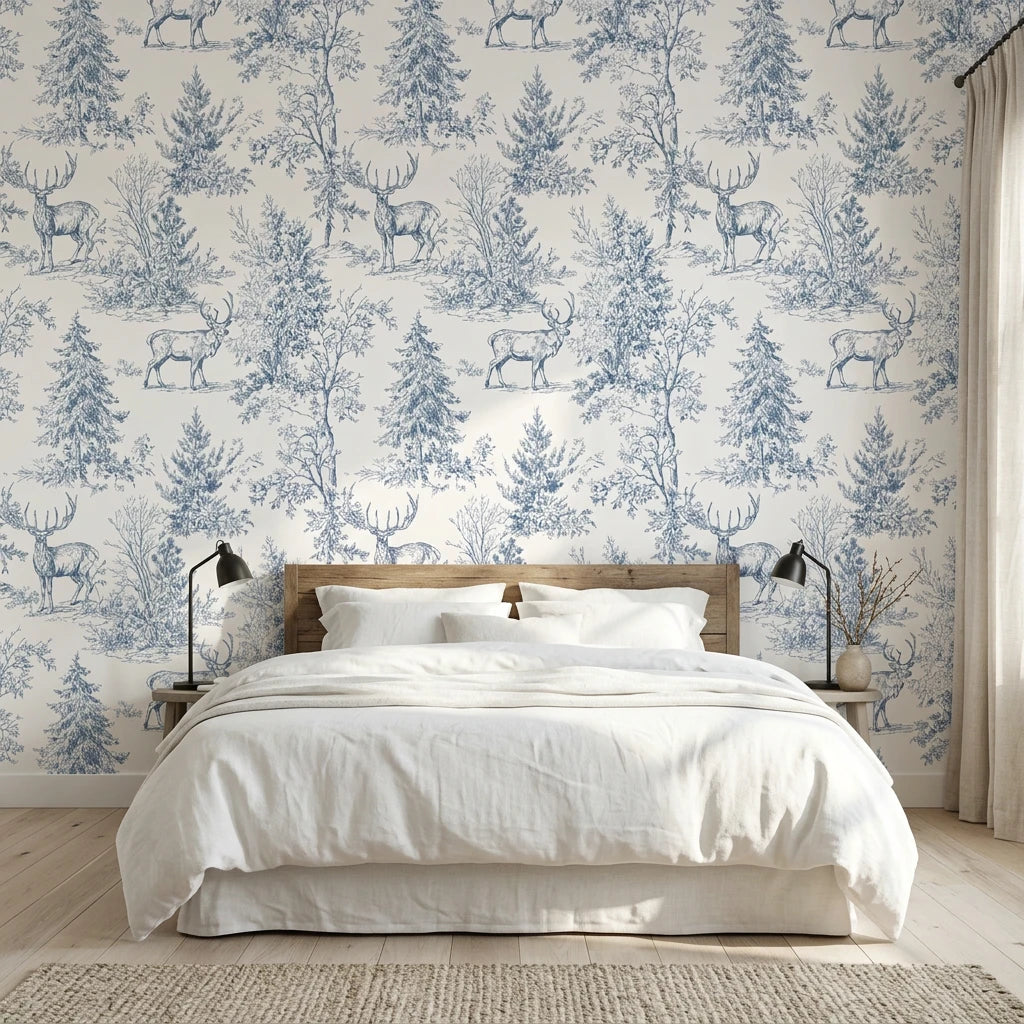 Frost &amp; Fable serene blue woodland toile wallpaper adding character to a cozy bedroom