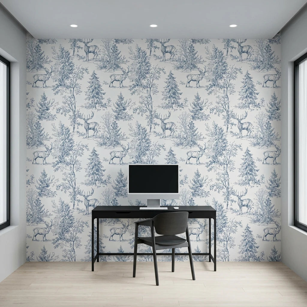 Frost &amp; Fable serene blue woodland toile wallpaper as a feature wall in a bright home office