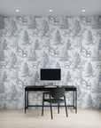 Frost & Fable serene blue woodland toile wallpaper as a feature wall in a bright home office