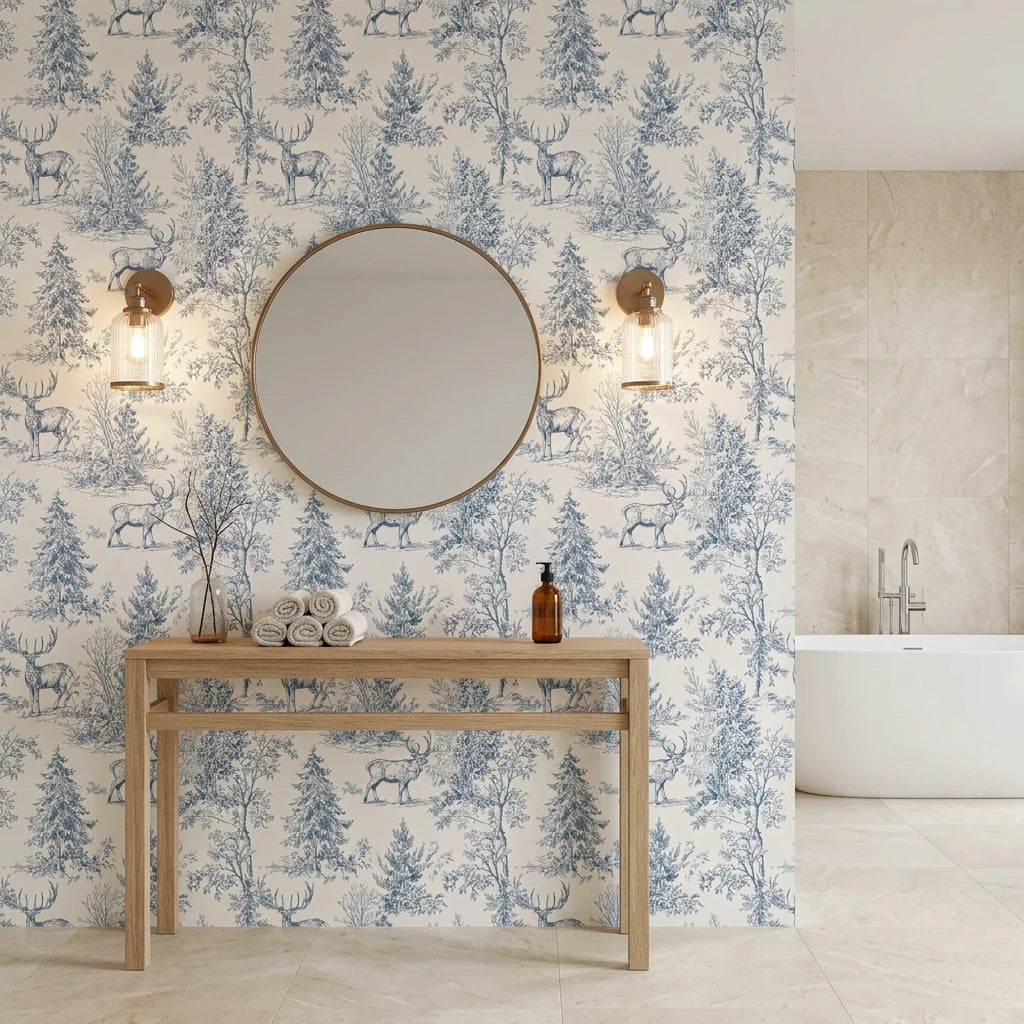 Frost &amp; Fable serene blue woodland toile wallpaper creating ambiance in a serene bathroom