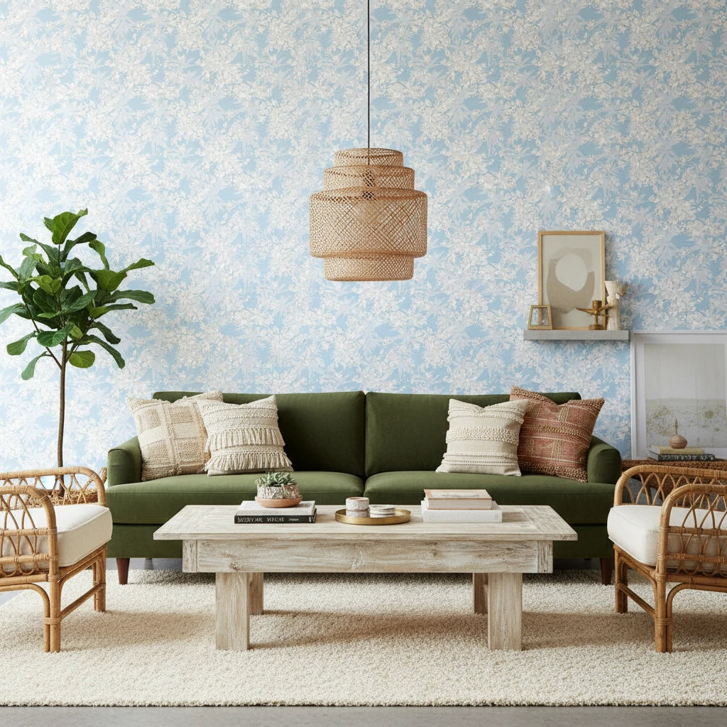Frost Garden Veil pale blue floral silhouette wallpaper in a warm and inviting living room