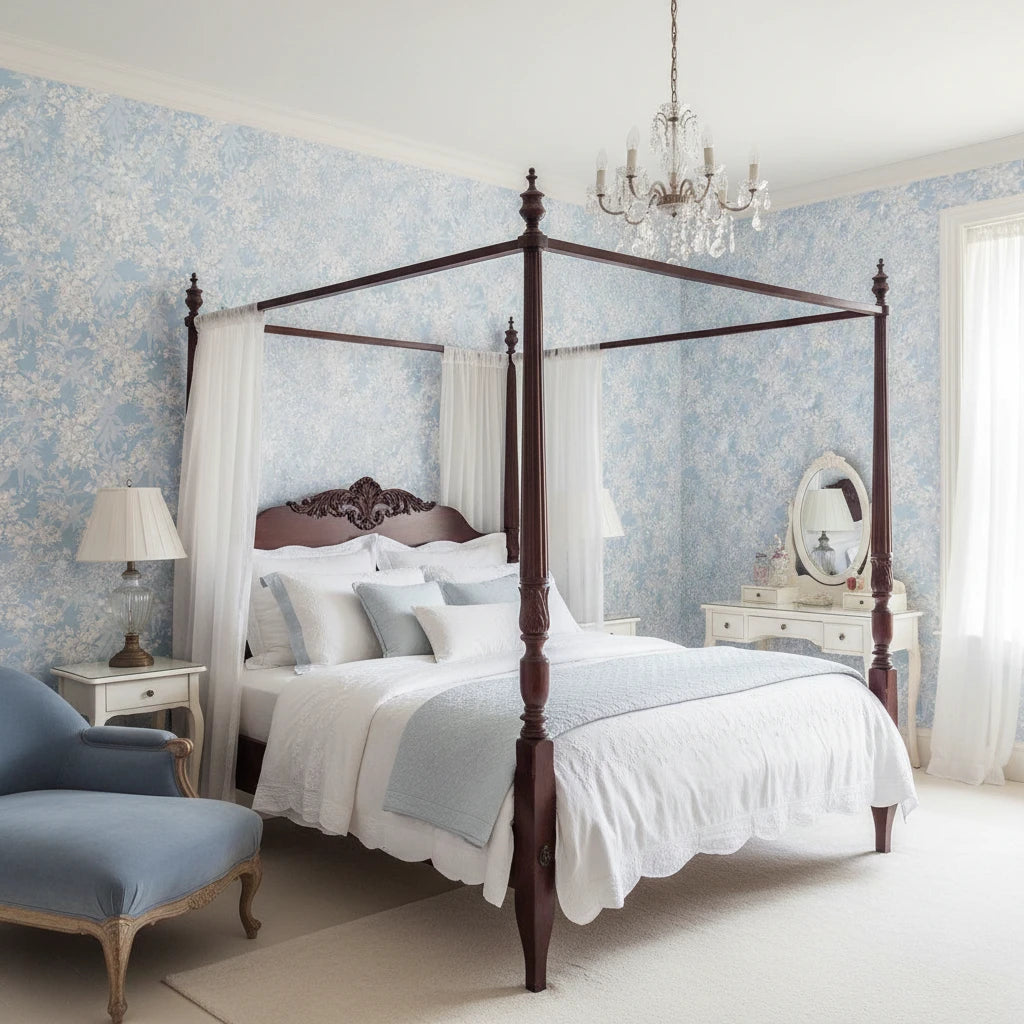 Frost Garden Veil pale blue floral silhouette wallpaper adding character to a cozy bedroom