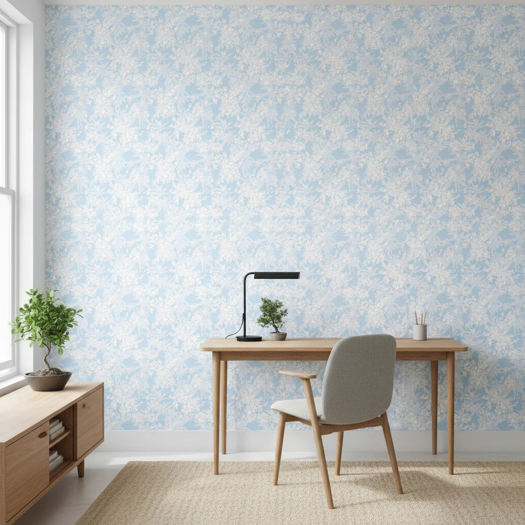 Frost Garden Veil pale blue floral silhouette wallpaper as a feature wall in a bright home office