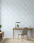 Frost Garden Veil pale blue floral silhouette wallpaper as a feature wall in a bright home office