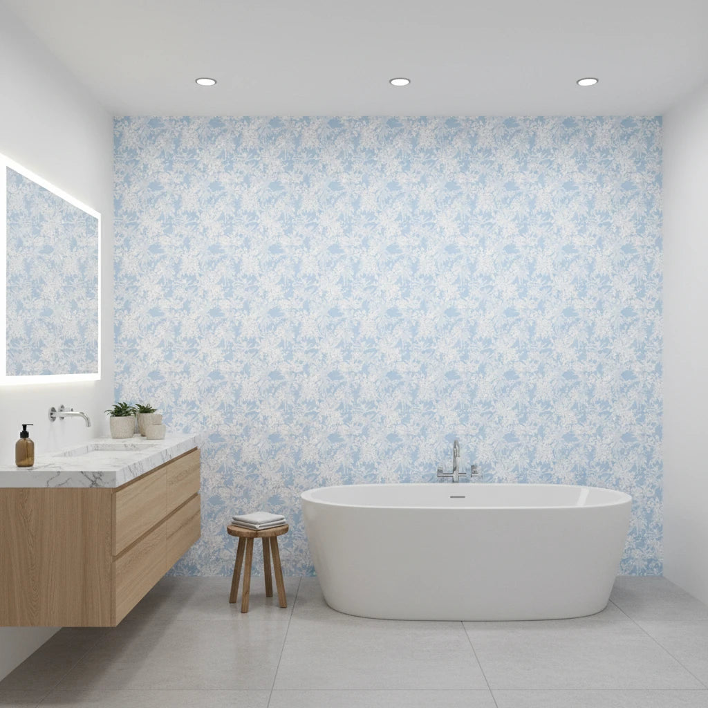 Frost Garden Veil pale blue floral silhouette wallpaper creating ambiance in a serene bathroom