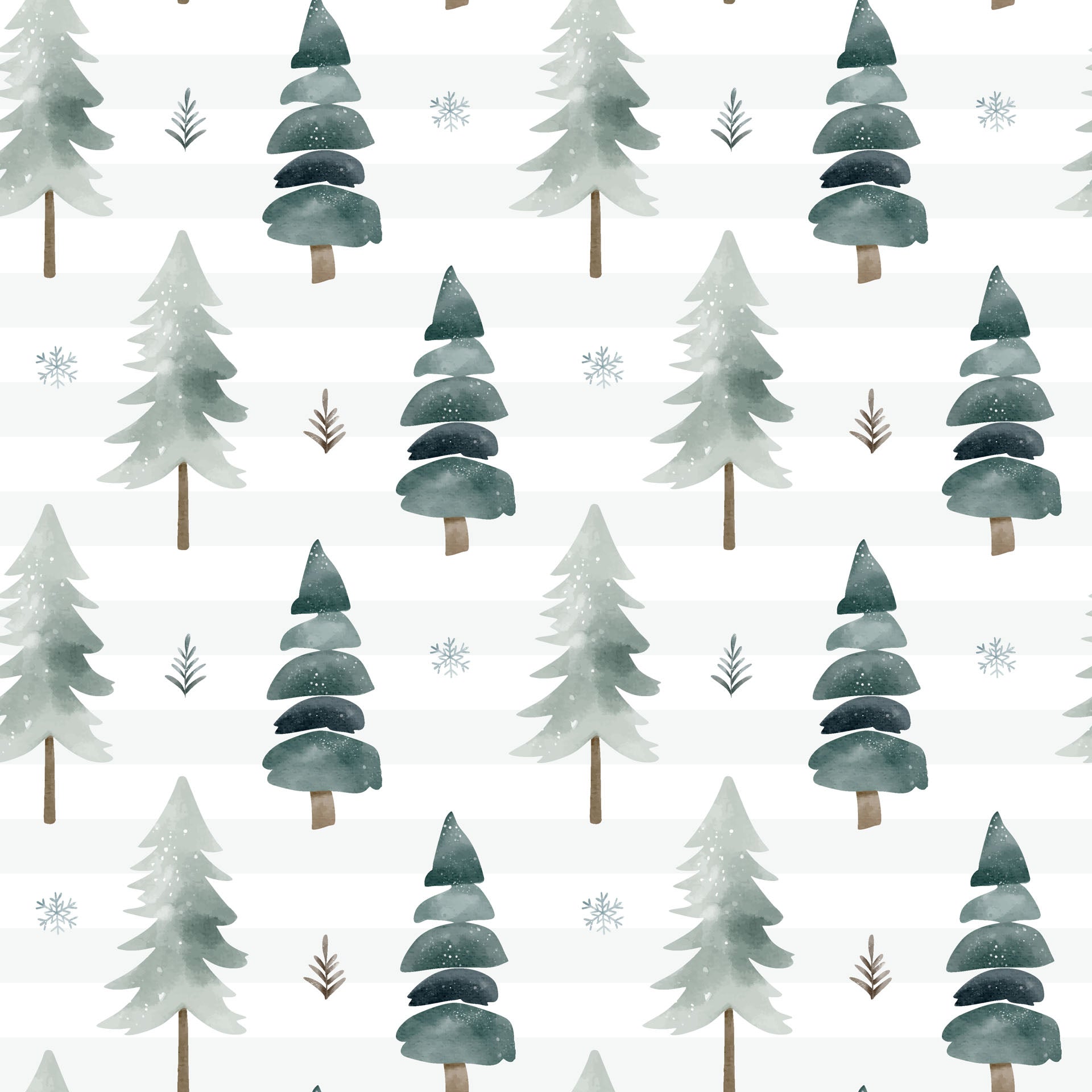 Self-adhesive wallpaper featuring a watercolor design of striped green pine trees (Frosted Woods pattern)