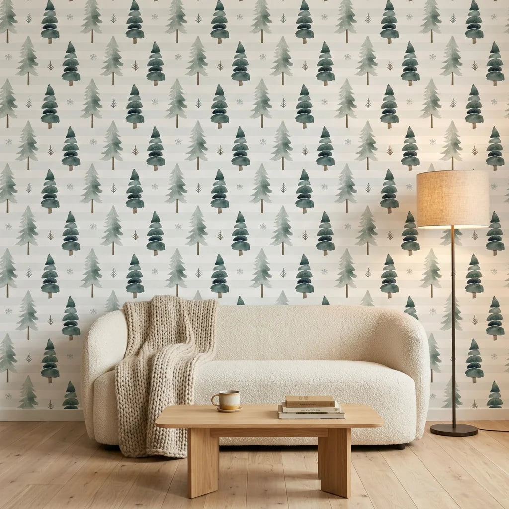 Frosted Woods sage green watercolor pine tree wallpaper in a warm and inviting living room