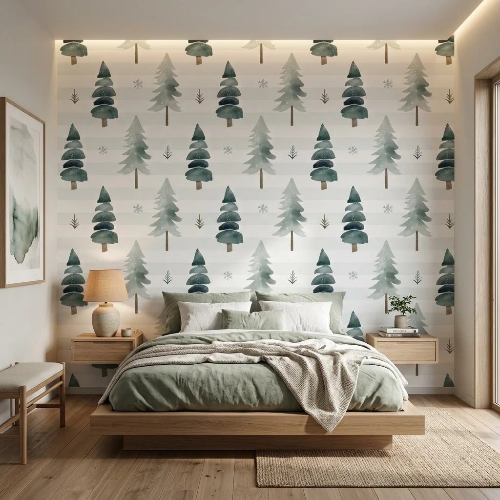 Frosted Woods sage green watercolor pine tree wallpaper adding character to a cozy bedroom