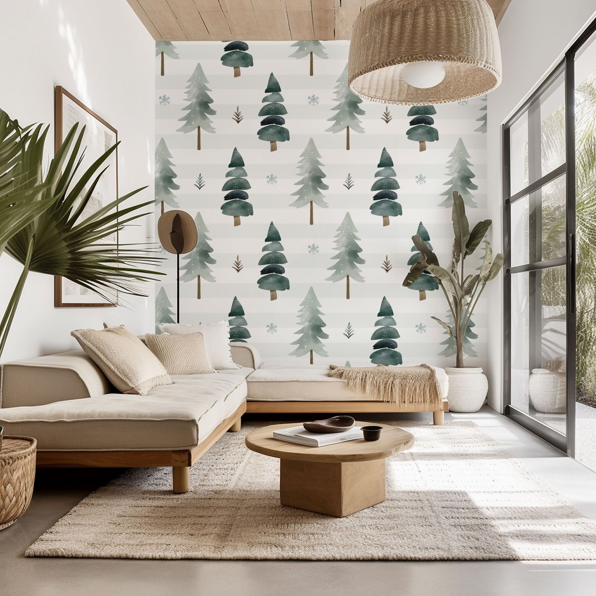 Self-adhesive wall covering featuring a striped pattern and watercolor green pine tree design, named Frosted Woods