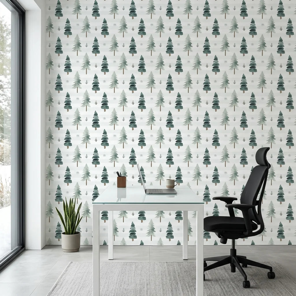Frosted Woods sage green watercolor pine tree wallpaper as a feature wall in a bright home office