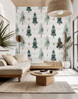 Self-adhesive wall covering featuring a striped pattern and watercolor green pine tree design, named Frosted Woods