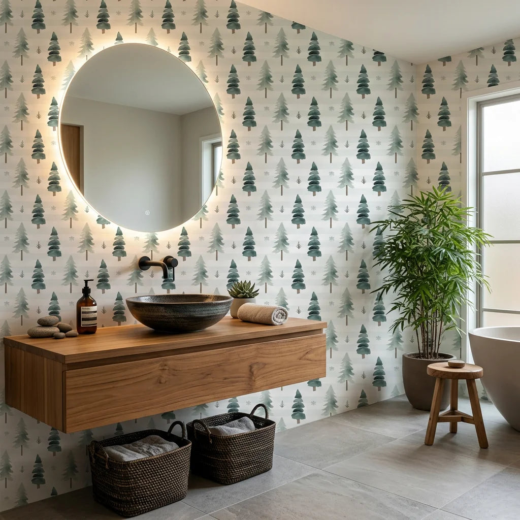 Frosted Woods sage green watercolor pine tree wallpaper creating ambiance in a serene bathroom