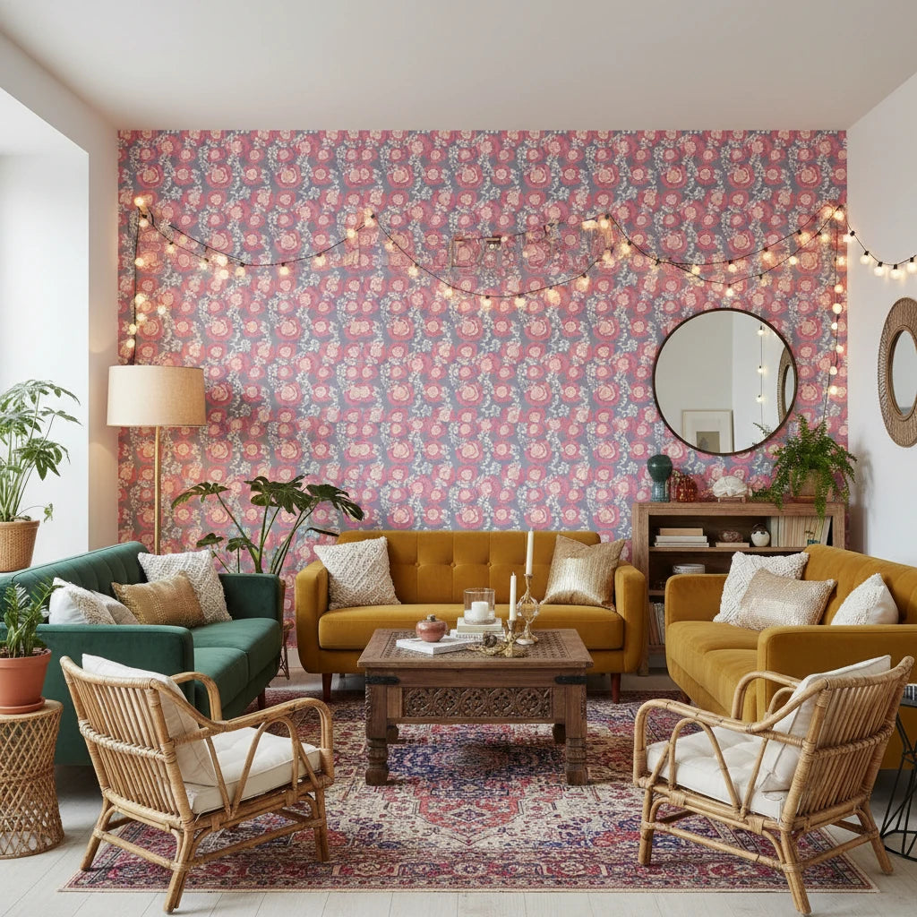 Frosted Rose Hush blush pink rose wallpaper in a warm and inviting living room