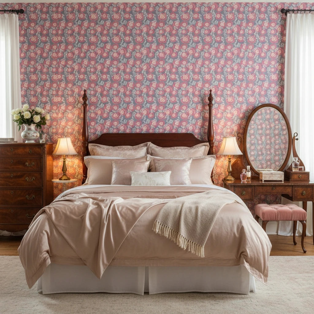 Frosted Rose Hush blush pink rose wallpaper adding character to a cozy bedroom