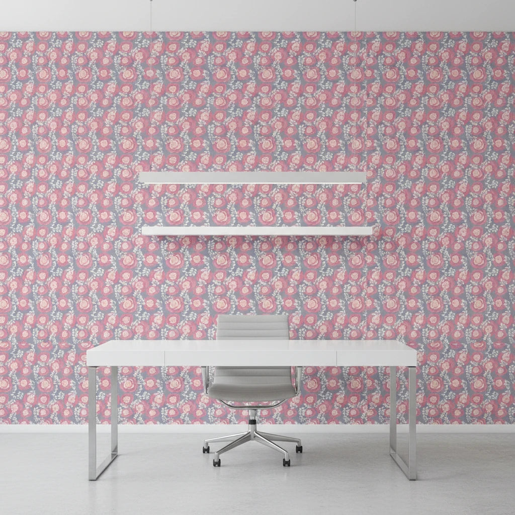 Frosted Rose Hush blush pink rose wallpaper as a feature wall in a bright home office