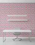 Frosted Rose Hush blush pink rose wallpaper as a feature wall in a bright home office