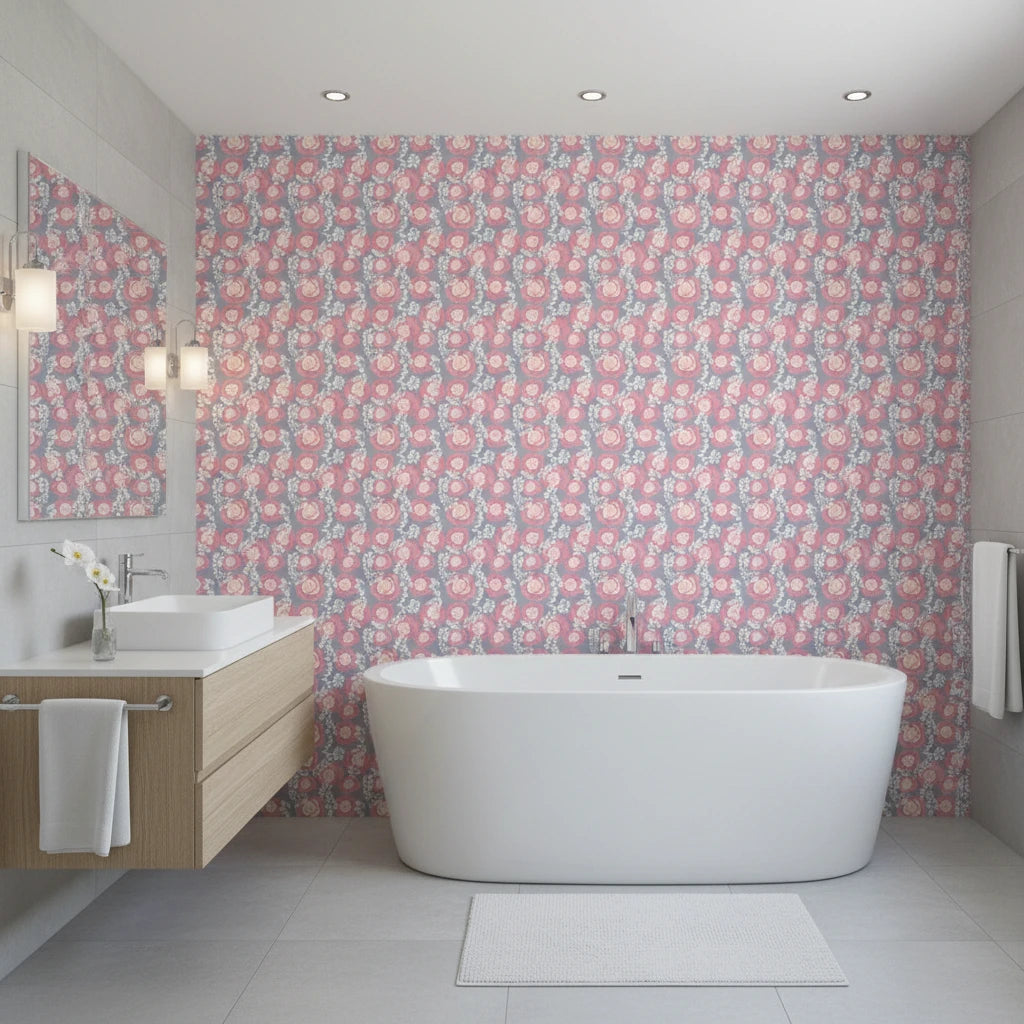 Frosted Rose Hush blush pink rose wallpaper creating ambiance in a serene bathroom