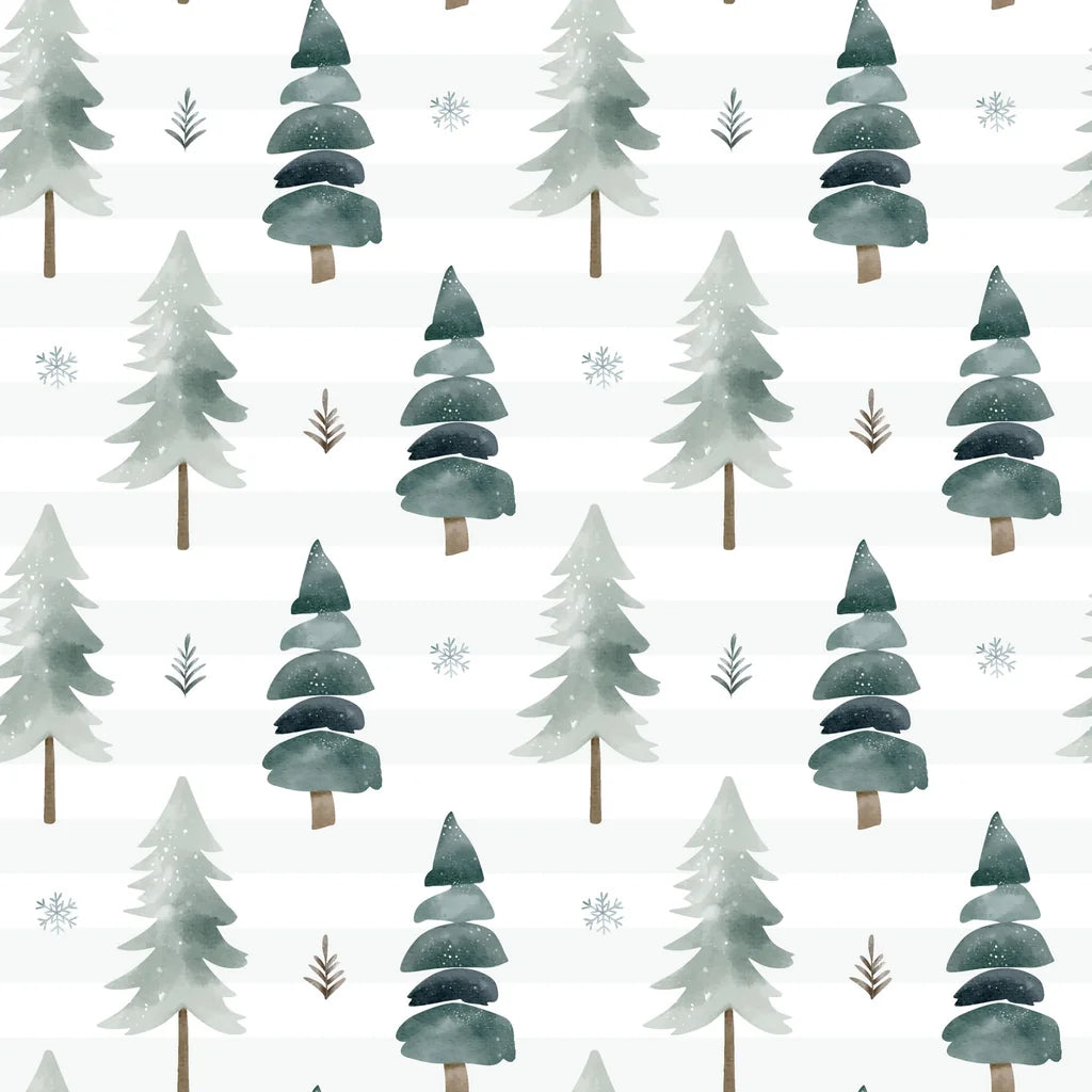 Self-adhesive wallpaper featuring a watercolor design of striped green pine trees (Frosted Woods pattern)