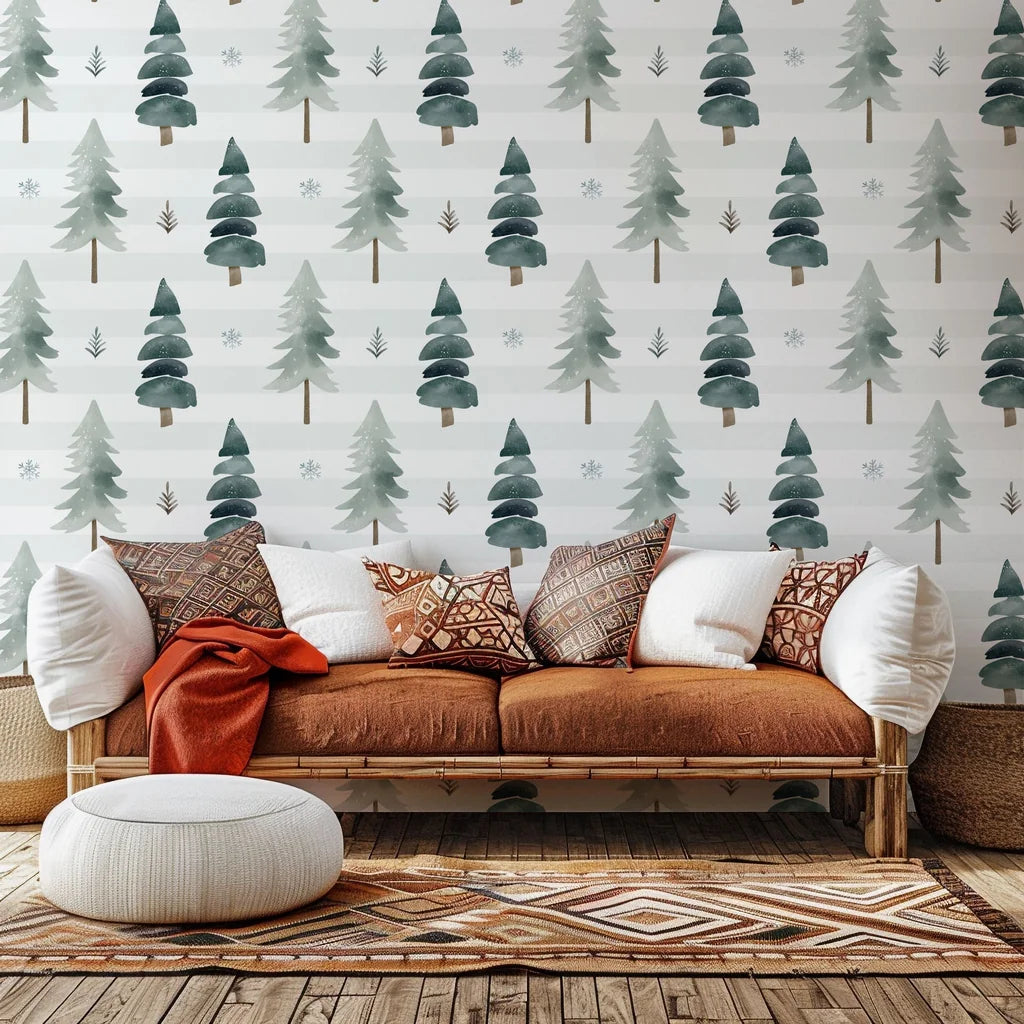Self-adhesive wallcovering featuring a striped watercolor design of verdant pine trees, titled Frosted Woods
