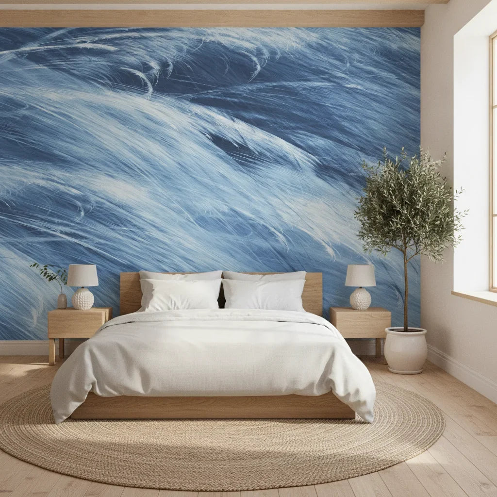 Frozen Current icy blue abstract motion in a warm and inviting living room