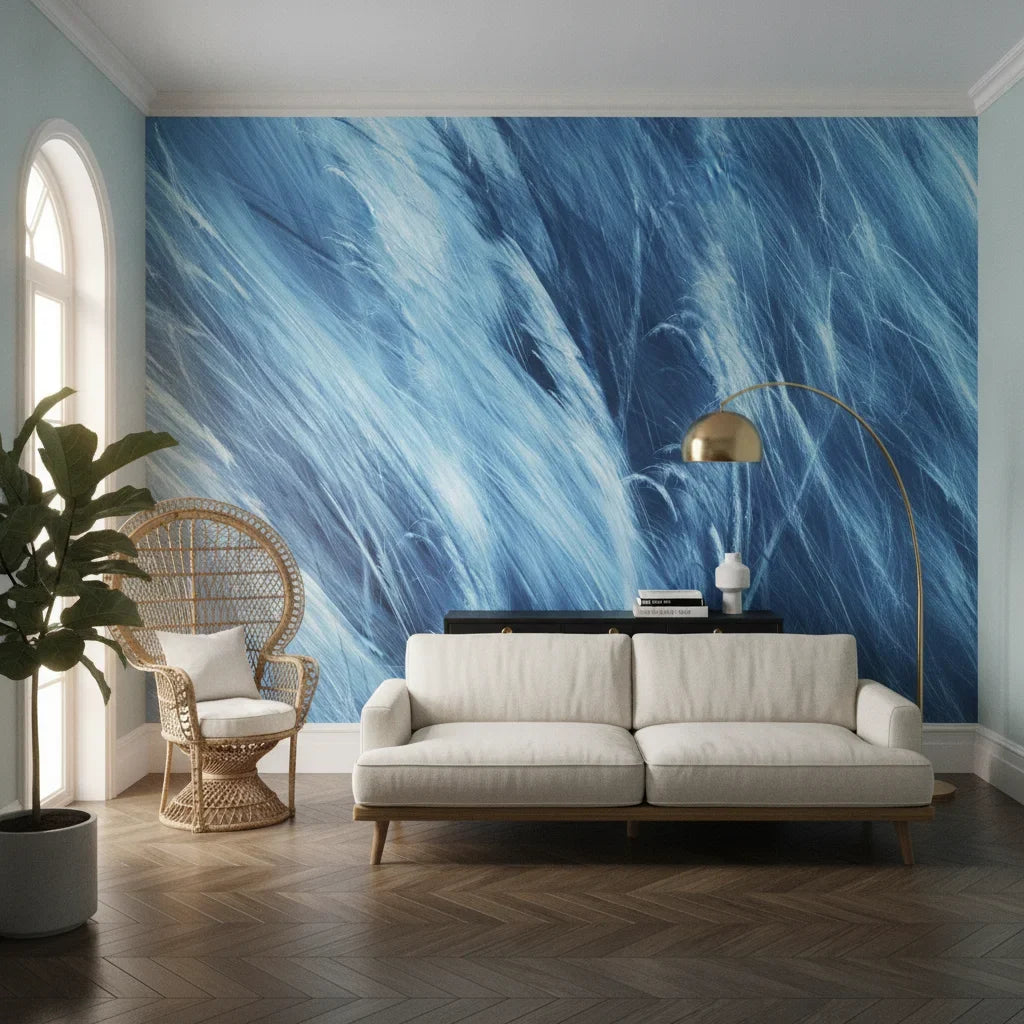 Frozen Current icy blue abstract motion adding character to a cozy bedroom