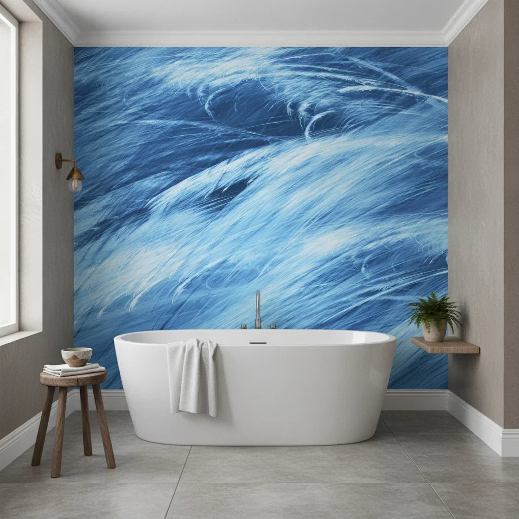 Frozen Current icy blue abstract motion as a feature wall in a bright home office