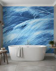 Frozen Current icy blue abstract motion as a feature wall in a bright home office
