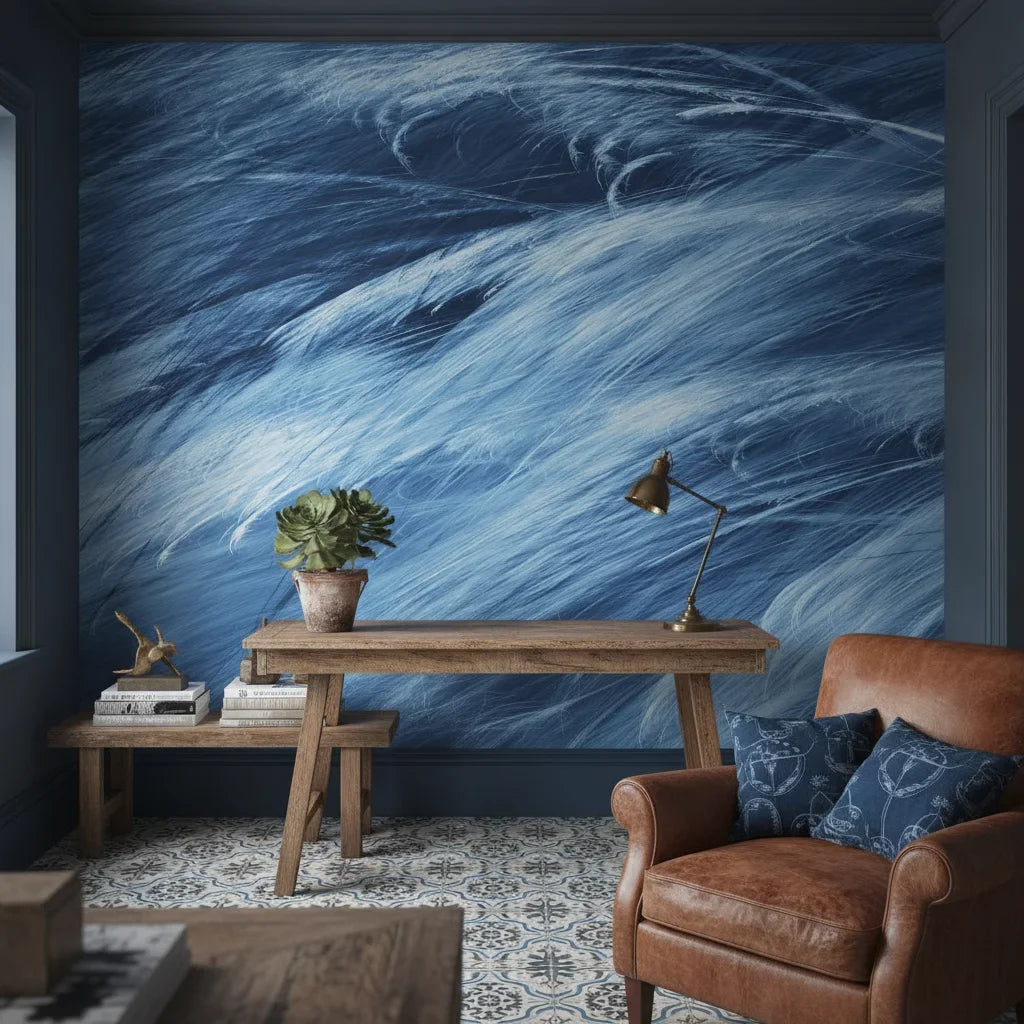 Frozen Current icy blue abstract motion creating ambiance in a serene bathroom