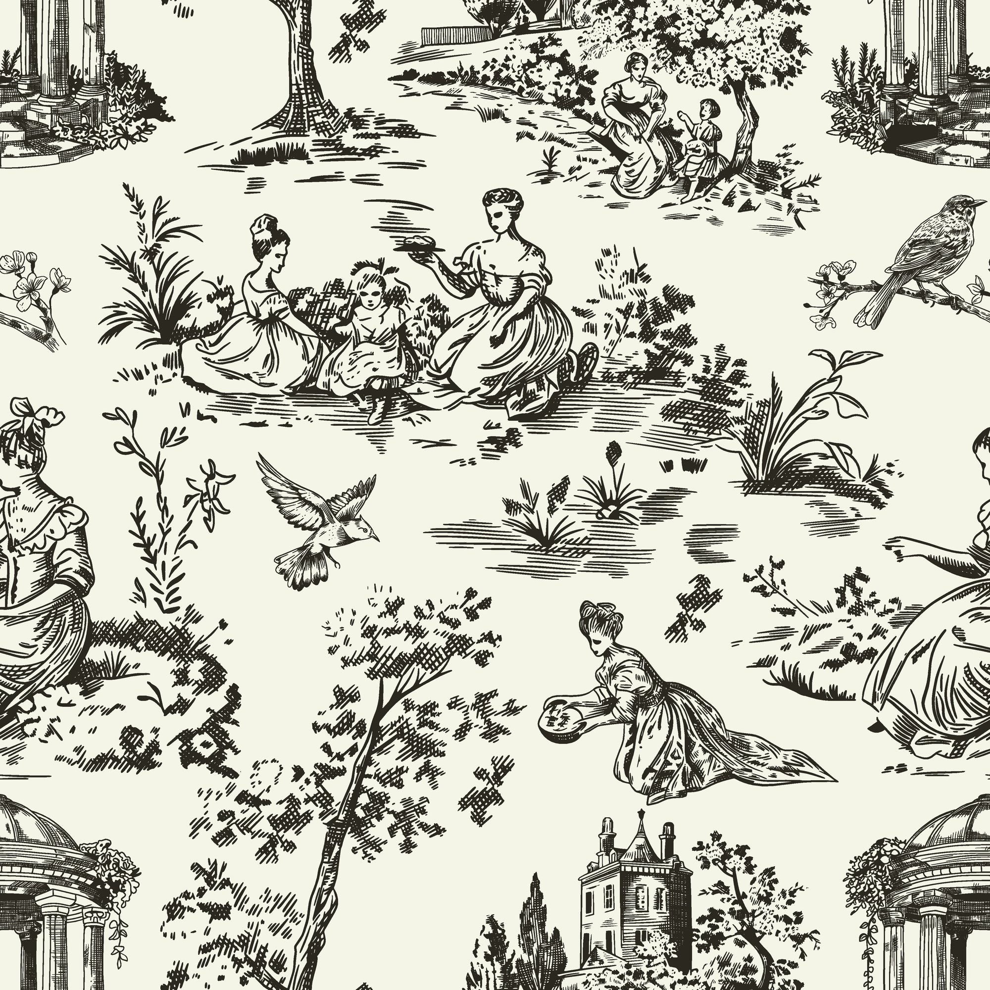 Smooth black toile pastoral scene peel and stick wallpaper - Garden Folly