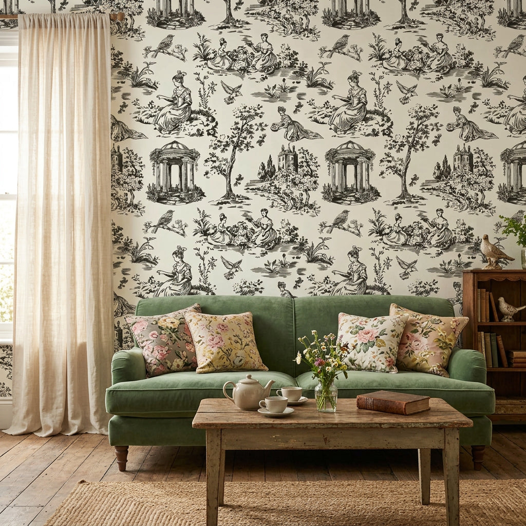 Garden Folly black toile pastoral wallpaper in a warm and inviting living room