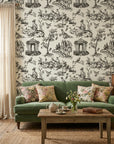 Garden Folly black toile pastoral wallpaper in a warm and inviting living room