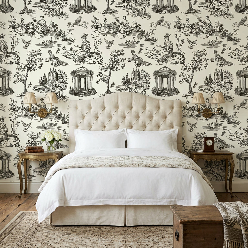 Garden Folly black toile pastoral wallpaper adding character to a cozy bedroom