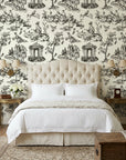 Garden Folly black toile pastoral wallpaper adding character to a cozy bedroom