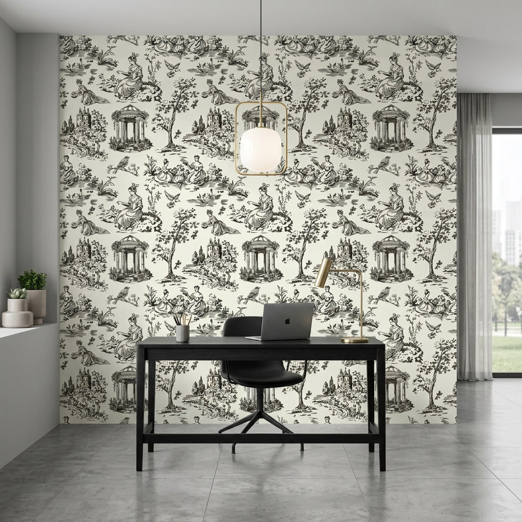 Garden Folly black toile pastoral wallpaper as a feature wall in a bright home office