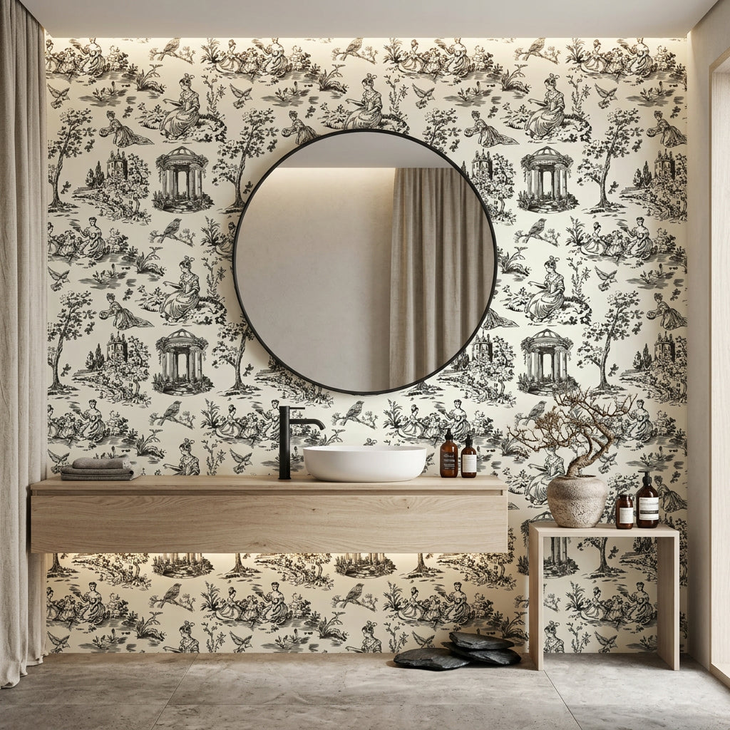 Garden Folly black toile pastoral wallpaper creating ambiance in a serene bathroom