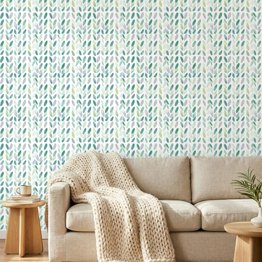 Garden Rain serene blue botanical wallpaper in a warm and inviting living room