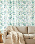 Garden Rain serene blue botanical wallpaper in a warm and inviting living room