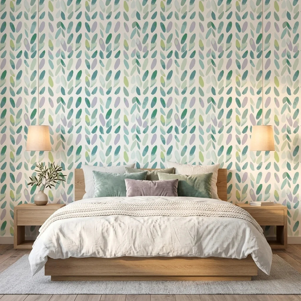 Garden Rain serene blue botanical wallpaper adding character to a cozy bedroom
