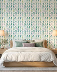 Garden Rain serene blue botanical wallpaper adding character to a cozy bedroom