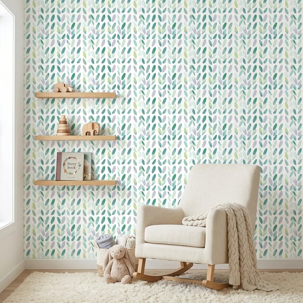 Garden Rain serene blue botanical wallpaper bringing warmth to a peaceful nursery