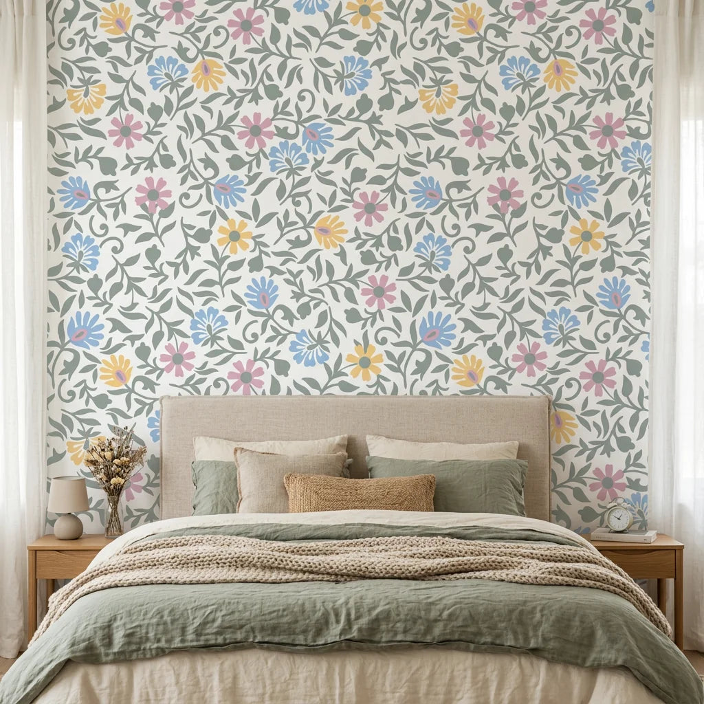 Garden Reverie floral wallpaper with pink, blue, and yellow blooms on sage green vines in modern bedroom