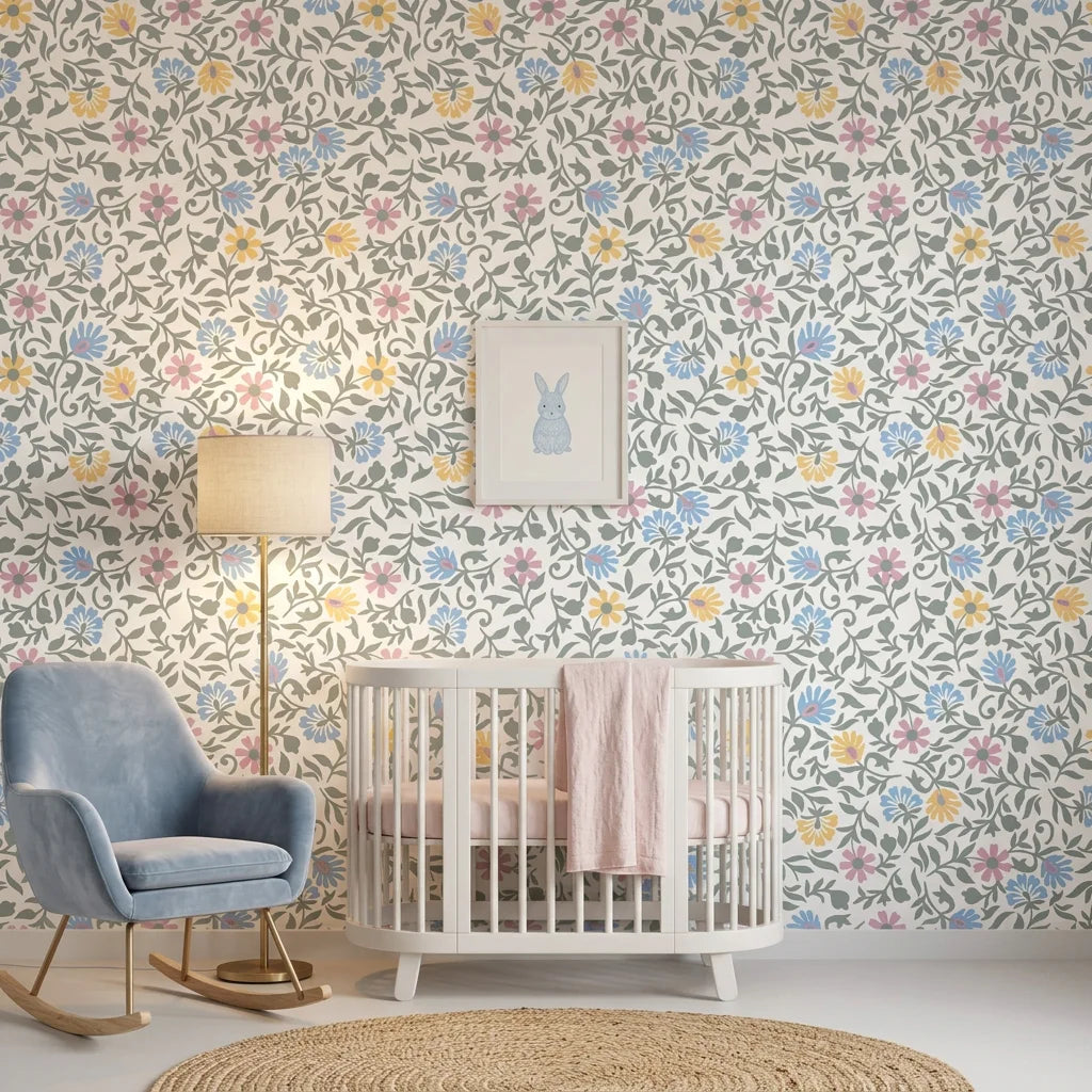 Pastel floral Garden Reverie wallpaper with pink, blue, and yellow blooms in serene nursery setting
