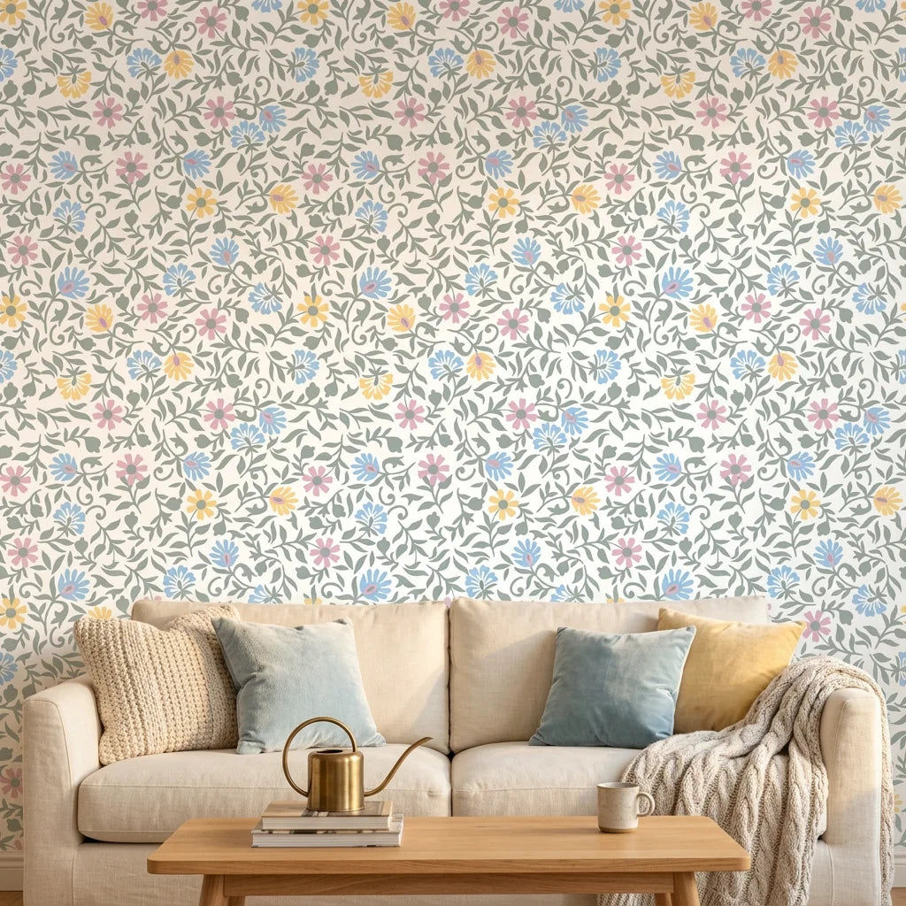 Garden Reverie removable wallpaper with pastel floral vines on cream background in cozy living room