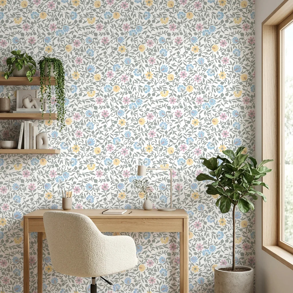Pastel blue, pink and yellow Garden Reverie peel and stick wallpaper in modern home office setting