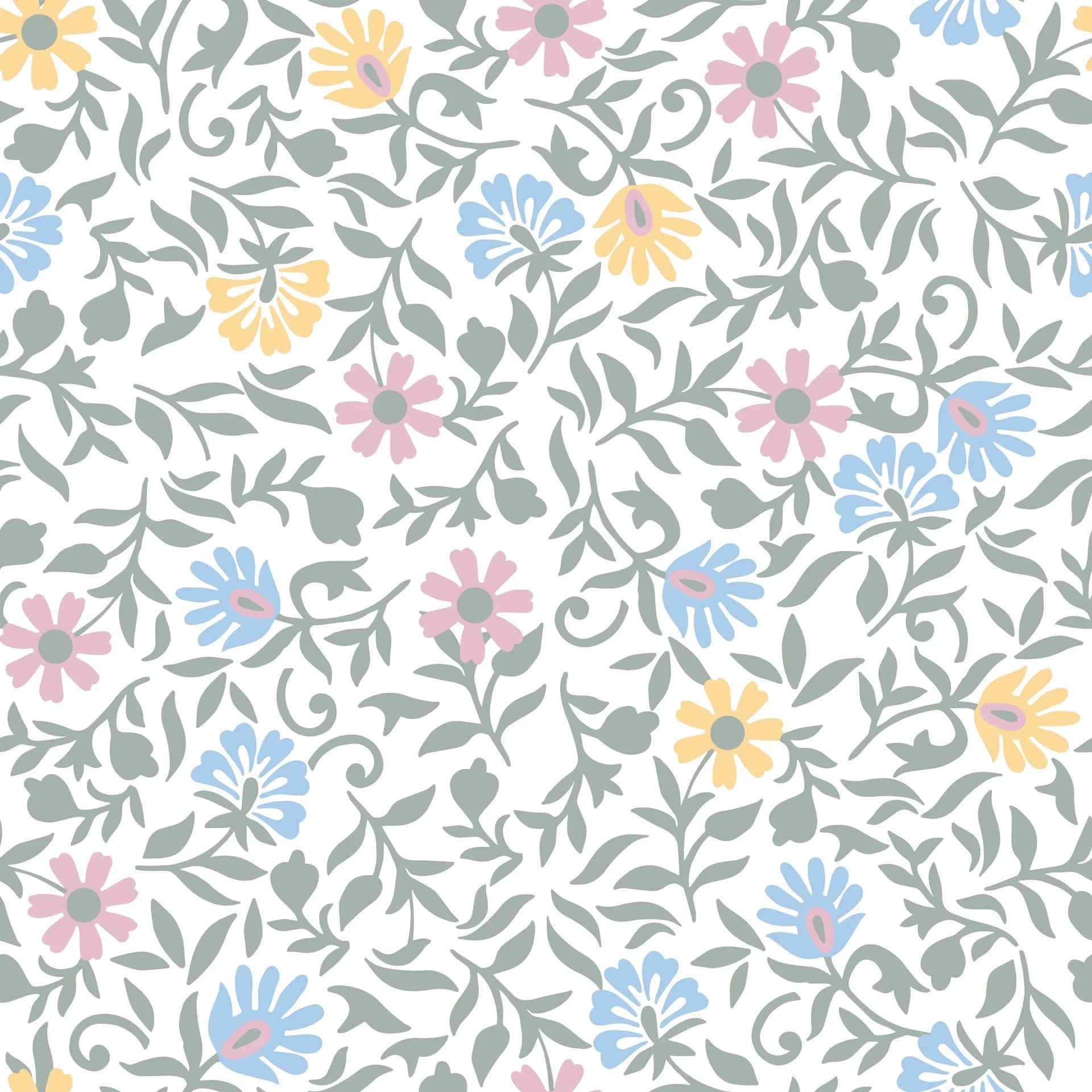 Whimsical Garden Reverie wallpaper with pastel flowers and sage green vines on cream background