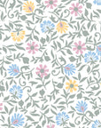 Whimsical Garden Reverie wallpaper with pastel flowers and sage green vines on cream background
