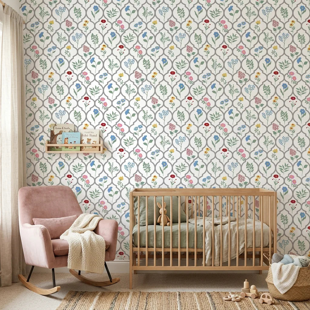 Colorful botanical Garden Trellis wallpaper with multicolor flowers in ogee pattern on nursery accent wall