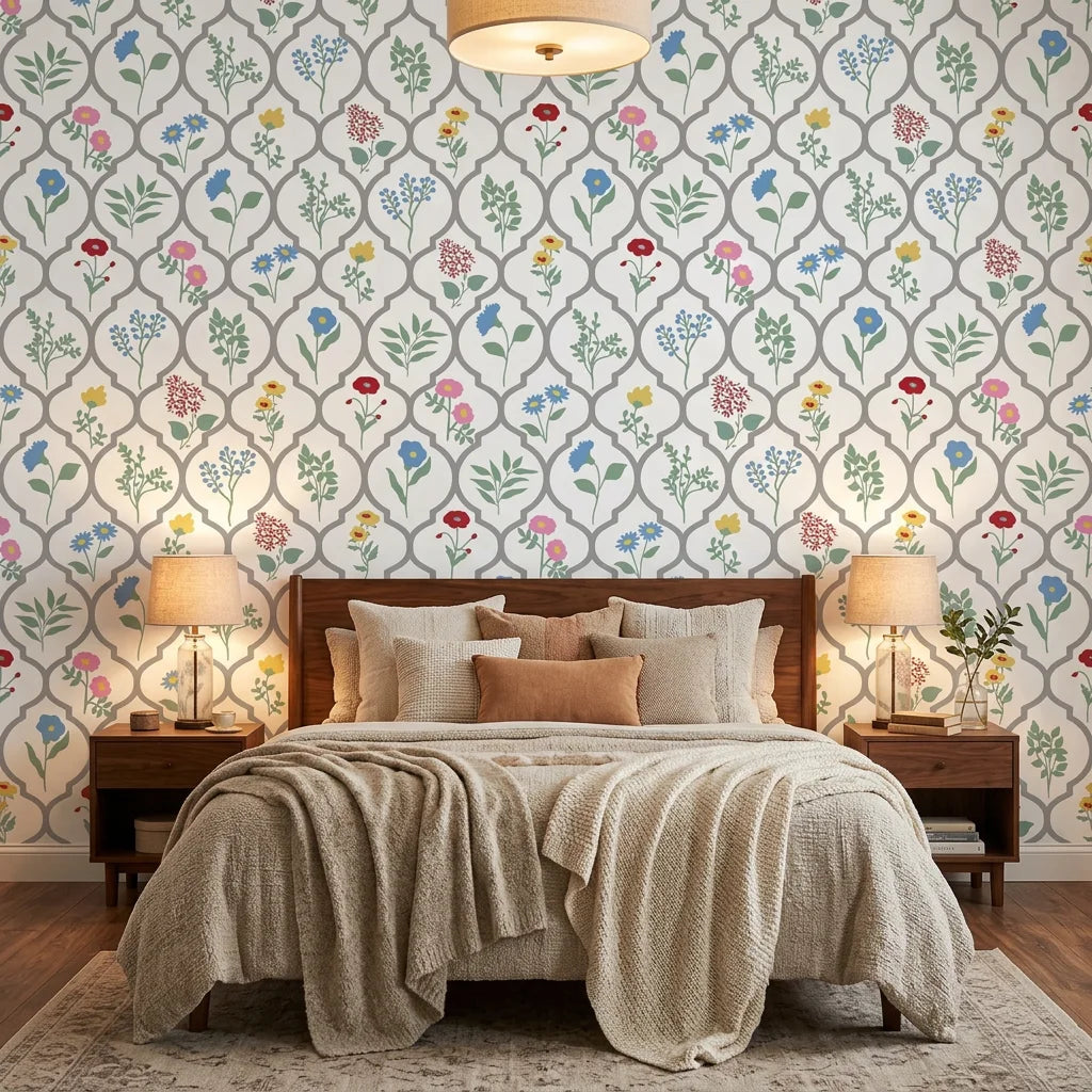 Multicolored floral Garden Trellis peel and stick wallpaper in modern bedroom with neutral bedding