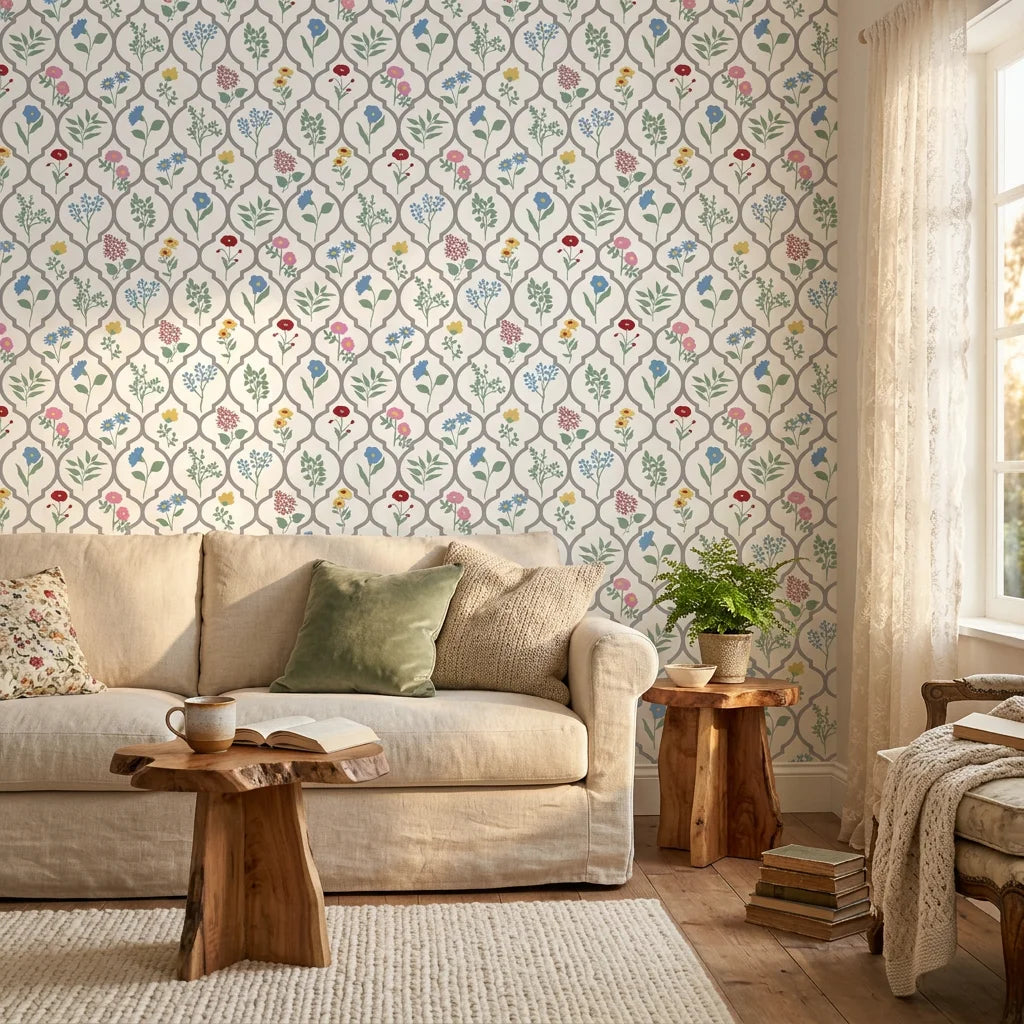 Garden Trellis removable wallpaper with colorful botanical motifs in cozy living room setting