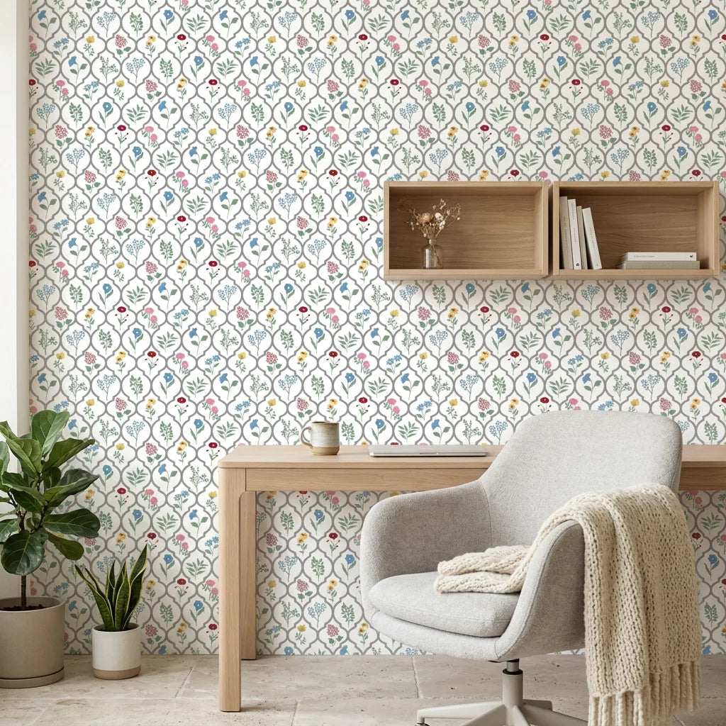 Multicolor botanical Garden Trellis peel and stick wallpaper in modern home office setting